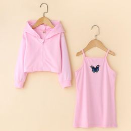 Clothing Sets Spring Autumn Girls Set Butterfly Strap Dress Hooded Zipper Long Sleeve Coat 2 Piece Casual Kids Clothes 1-6YClothing