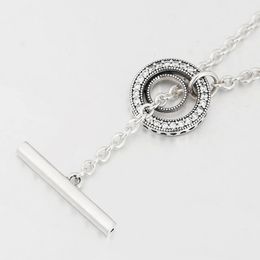 Pave Circle Logo T-bar Heart Pendant Necklace Chain For Women Men Genuine 925 Sterling Silver Fit Pandora Style Necklaces Gift Jewellery 399050C01-80