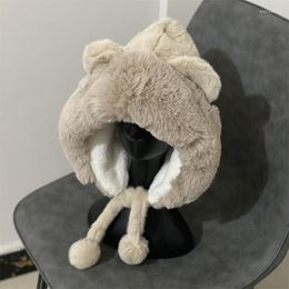 Beanie/Skull Caps Cute Bear Ear Hat Lamb Wool Velvet Winter Hood Thick Windproof Warm Cap Beanie Women's 2022 Fashion Elob22