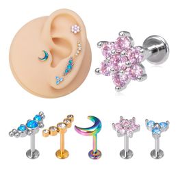 Crystal Flower Moon Lip Piercing Ring Labret Bar Ear Cartilage Stud Earrings Stainless Steel Tragus Helix Body Jewellery