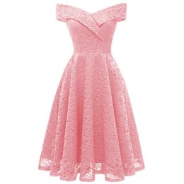 Women Spring Summer Vintage Dress Sexy Slim Elegant Hollow Out Solid Lace Pink Party es Female A-Line Vestido W220421