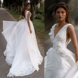 Wedding Dress 3D Flowers V-neck A-Line Backless Bride Gown 2022 Court Train Princess