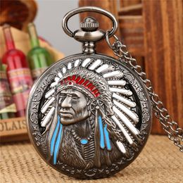 Antique Style Pocket Watch Indian Man Retro Quartz Analogue Clock for Men Women with 80CM Necklace Chain Collectable Timepiece