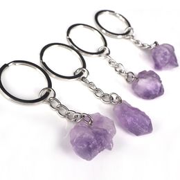 Natural Amethyst Key Rings Rough Stone Keychains Healing Crystal Mineral Specimen Handbag Keyring Pendant Accessories