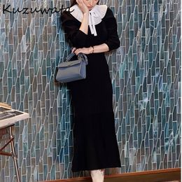 Kuzuwata Autumn Women Robe Japan Style Sweet Vestidos Detachable Neckline Lace Collar Solid Slim Ruffles Mermaid Dress 220402