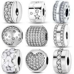 925 Silver Fit Pandora Charm 925 Bracelet Clear Pave Clip Charm Zircon charms set Pendant DIY Fine Beads Jewellery
