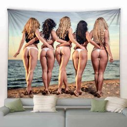 Beach Sexy Girls Tapestry Dusk Ocean Woman Nature Landscape Wall Hanging American Home Dorm Room Rugs Mural Decor Blanket J220804