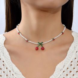 Ladies Cute Fruit Cherries Chokers Necklaces For Women Girls Fashion Red White Bead Handmade Beaded Necklace Jewellery Gifts