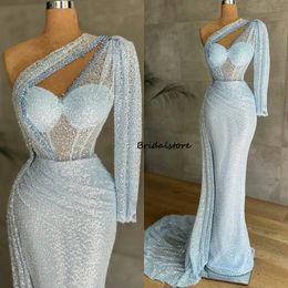 Sparkly Light Blue Sequin Prom Dresses 2022 Sexy One Shoulder Mermaid Evening Gown Open Neck Long Formal Party Dress Plus Size Second Reception Guest Dress For Africa