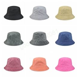 Unisex Washed Denim Cotton Bucket Hat Vintage Solid Colour Flat Top Short Brim Sunscreen Foldable Panama Fisherman Cap