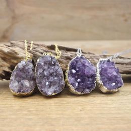 Pendant Necklaces Large Raw Amethysts Geode Pendants Necklace Healing Quartz Purple Druzy Drusy Slab Charms Women Fashion Jewelry Dropship Q