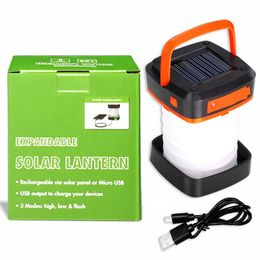 Solar Powered LED Camping Lantern Lamp Outdoor Fishing Tent Lights Collapsible Solar or USB Rechargeable Charger for Phone