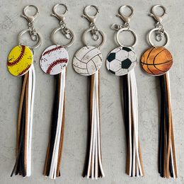 Keychains Lanyards Retro Ball Leather Keychain Baseball Basketball Football Tassel Luggage Decoration Key Chain Gift