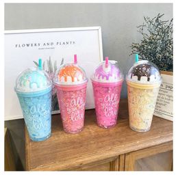 Summer Water Bottles cute ice cream creative design cups girl heart portable double layer plastic cold drink straw cup