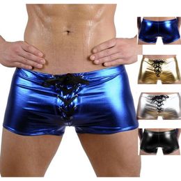 Underpants Mens Sexy Faux Leather Shiny Boxers Underwear/Gay Male Latex Shorts Panties Black Blue Gold Silver Swimwear Cool LingerieUnderpan