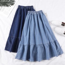 Summer Saia Female ALine Long Denim Skirt Pockets Women High Waist Midi Jeans Skirts Dark BlueLight Blue Plus Size Skirt T200324