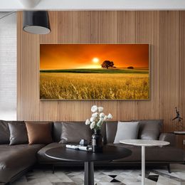 Golden Field Tree Sunset Glare Landscape Wall Art Canvas Painting Posters and Prints Modern Wall Picture for Living Room Decor