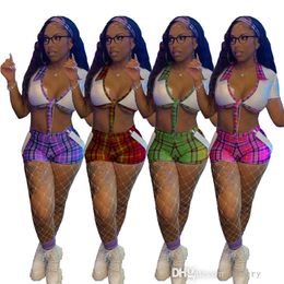 Women Bandage Tops Sexy Streetwear Plaid Printed Shorts Two Piece pants Set Fashion Womens Casual Club Party Suit