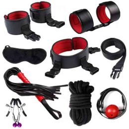 Nxy Sm Bondage Bdsm Kits 8 Pcs Leather Erotic Sex Toy Handcuffs Nipple Clamps Gag Whip Rope Adult Toys for Couples Sm Set 220423