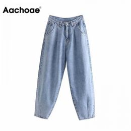 Aachoae Women Blue Harem Jeans Loose mom Jeans High Waist Streetwear Boyfriends Washed Denim Long Trousers Bottoms Slouchy Jeans 210302