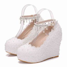 Dress Shoes High Heels With Lace And Pearl Platform White Crystal Wedge Women Wedding Sandals 220416