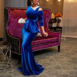 plus size mermaid peplum dress UK - Blue Velvet Long Sleeves Mermaid Evening Dresses Jewel Neck Peplum Prom Gowns Plus Size Sweep Train Formal Dress2582