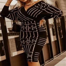 New Fashion Women Causal Dresses Sexy Bodycon V-neck High Waist Dress Ladies Printed Long Sleeve T shirts Blouse Tee Patchwork Striped Club Clothing