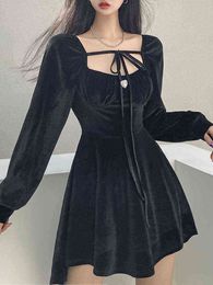 Black Velvet Slim Dress Woman Vintage 2022 Spring Korean Fashion Y2k Mini Dress Elegant Long Sleeve Short Party Dress Female G220414