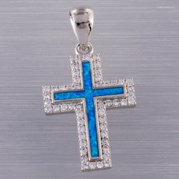 Pendant Necklaces Latin Cross Ocean Blue Fire Opal CZ Surround Silver Plated Jewellery For Women NecklacePendant NecklacesPendant