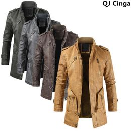 Men's Fur & Faux Men Winter Thick Fleece Leather Jacket Coat Long Outwear Fashion Warm Casual Vintage Clothing For Mens Steampunk Biker Jaqu