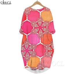Women Dress Retro Geometric Pattern 3D Graphics Printed Daughter Dresses Kneelength Female Pocket Dress Pink Dress 220616