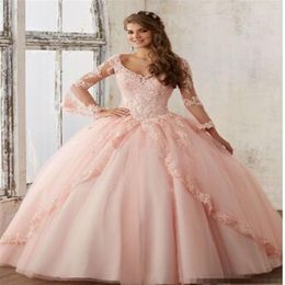 pink princess pageant dresses UK - Baby Pink Quinceanera Dresses Lace Long Sleeve V-Neck Appliqued Ball Dresses Sweet 16 Princess Pageant Dress For Girls204H