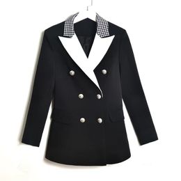 T098 Women's Suits & Blazers High Quality 2022 Fashion Black And White Stitching Silver Button Pocket Slim Commuter Woman BlazersWomen's