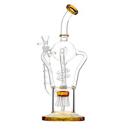 12.8-Inch Recycler Glass Bong with Brown Mouthpiece, Bent Neck, Coil Perc, and Tree Percolator - 14mm Female Joint