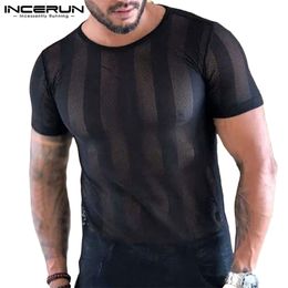 Summer Men Striped T Shirt Mesh Transparent O Neck Short Sleeve Sexy Tee Tops Streetwear Party Casual Camisetas INCERUN 7 220407