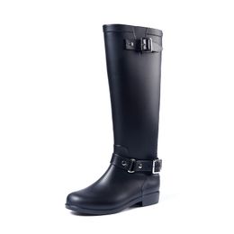 Rubber rain boots women gumboots black galoshes horse boots red zipper behind high buckles wellies galoshes horse riding Boots