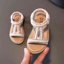 2022 New Baby Girls Sandals Kids Summer Roman Shoes Pearl Rhinestone Party Shoe Flats Non-slip Casual Girl Beach Sandal G220523