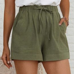 Women Summer Shorts Green Casual Cotton Linen Elastic Waist Two Pockets Solid Female Plus Size Woman 210702