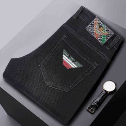 Winter Autumn Fashion Brand Embroidered Jeans Men's Korean Youth Elastic Slim Fit Cotton Pants