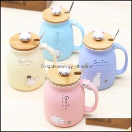 Mugs Drinkware Kitchen Dining Bar Home Garden Ll Cartoon Ceramics Cat Mug With Lid And Spoon Coffee Milk Tea Breakfast Cup D Dhi49