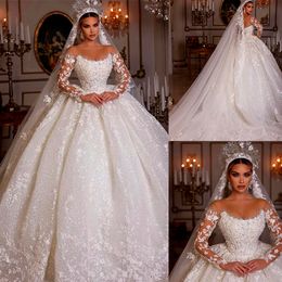 Luxurious Middle East Wedding Dresses Sheer Neck Bridal Gowns Beaded Jewel Pearls Lace Appliques Bridal Dress Custom Made