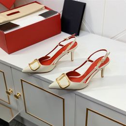 Designer Women Sandals Arrow Thin Heels Leather Fashion Wedding Party Metal Color One Line Baotou High Heels