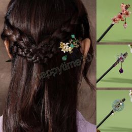 Ancient Chinese Style Flower Tassel Wooden Hairpin Hair Stick Fork Women Elegant Classic Wedding Party Banquet Headwear Gift