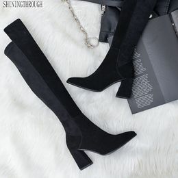 Sexy over the knee high boots woman suede leather thick high heels women boots autumn winter black gray party shoes woman Y200115