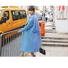 Winter Solid Double Breasted Wool Blend Coat And Jacket Pockets Turndown Collar Ladies Coats Casual Blue Womens Long Coats 201112