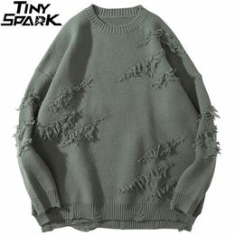 Hip Hop Streetwear Knitted Sweater Men Vintage Retro Plain Ripped Sweater Pullover Cotton Harajuku Casual Loose Sweater 201203