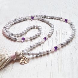 white howlite necklace Australia - Chains White Howlite With Tassel Long Necklaces Rose Q-uartz Amethysts Beaded Boho Necklace Lotus Charm Jewelry Gift For WomenChains