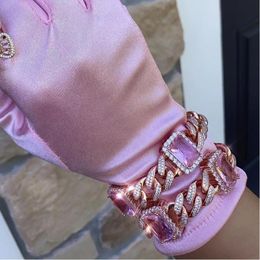 Charm Bracelets Iced Out 12mm Cuban Link Chain Bracelet Women Men Hip Hop Jewellery Fashion Rose Gold Colour Baguette Pink CZ Crystal GiftCharm