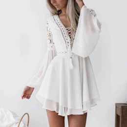 Summer Mini Sexy V-Neck Women's Dresses Hook Flower Hollow Ladies Chiffon Dress 2021 Casual Flared Long Sleeves Women's Clothes T220816