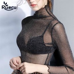 Ruoru Blingbling Sexy Mesh Tops Long Sleeve Woman Tshirts Female Lace Tops Transparent See Through Ladies T Shirt Femme T-shirts 220516